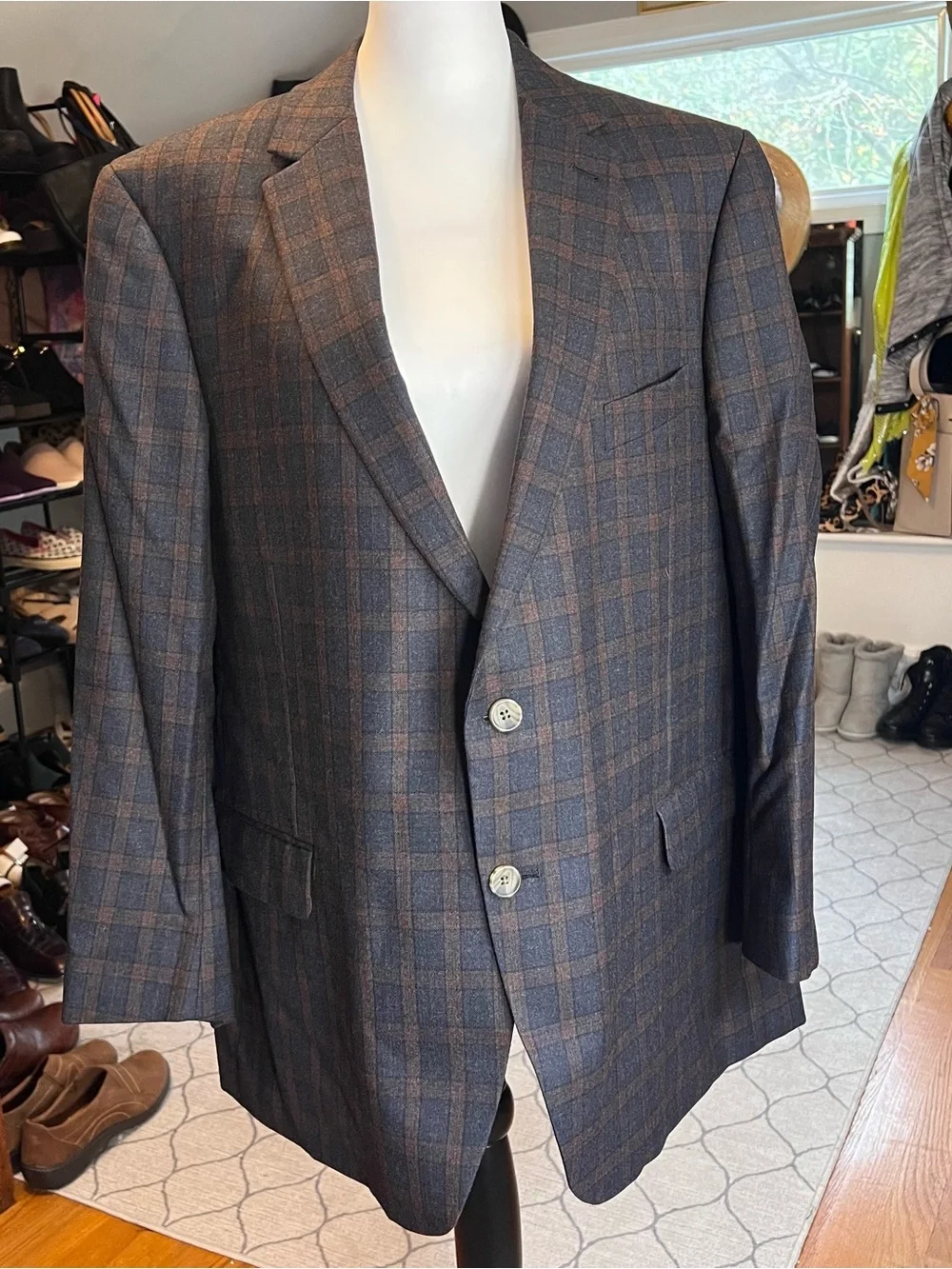 INDOCHINO Men’s 100% Wool Blazer | Size 46R | Brown & Blue Plaid Custom Tailored